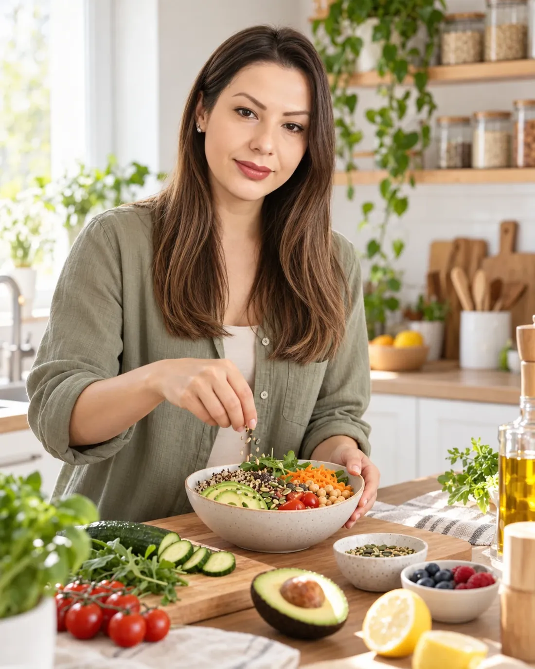 Ana Maria Neagu în bucătărie, presărând semințe peste un bol cu quinoa, avocado, năut și legume proaspete