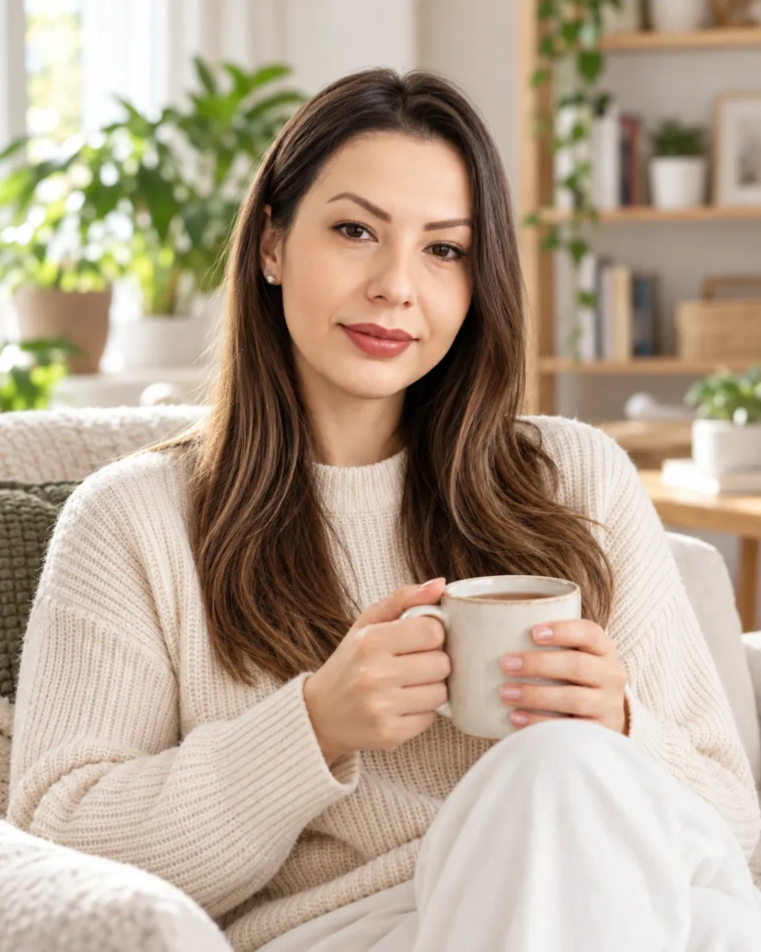 Ana Maria Neagu, dietetician autorizat, zâmbind cu o cană de ceai în mână, într-un living luminos